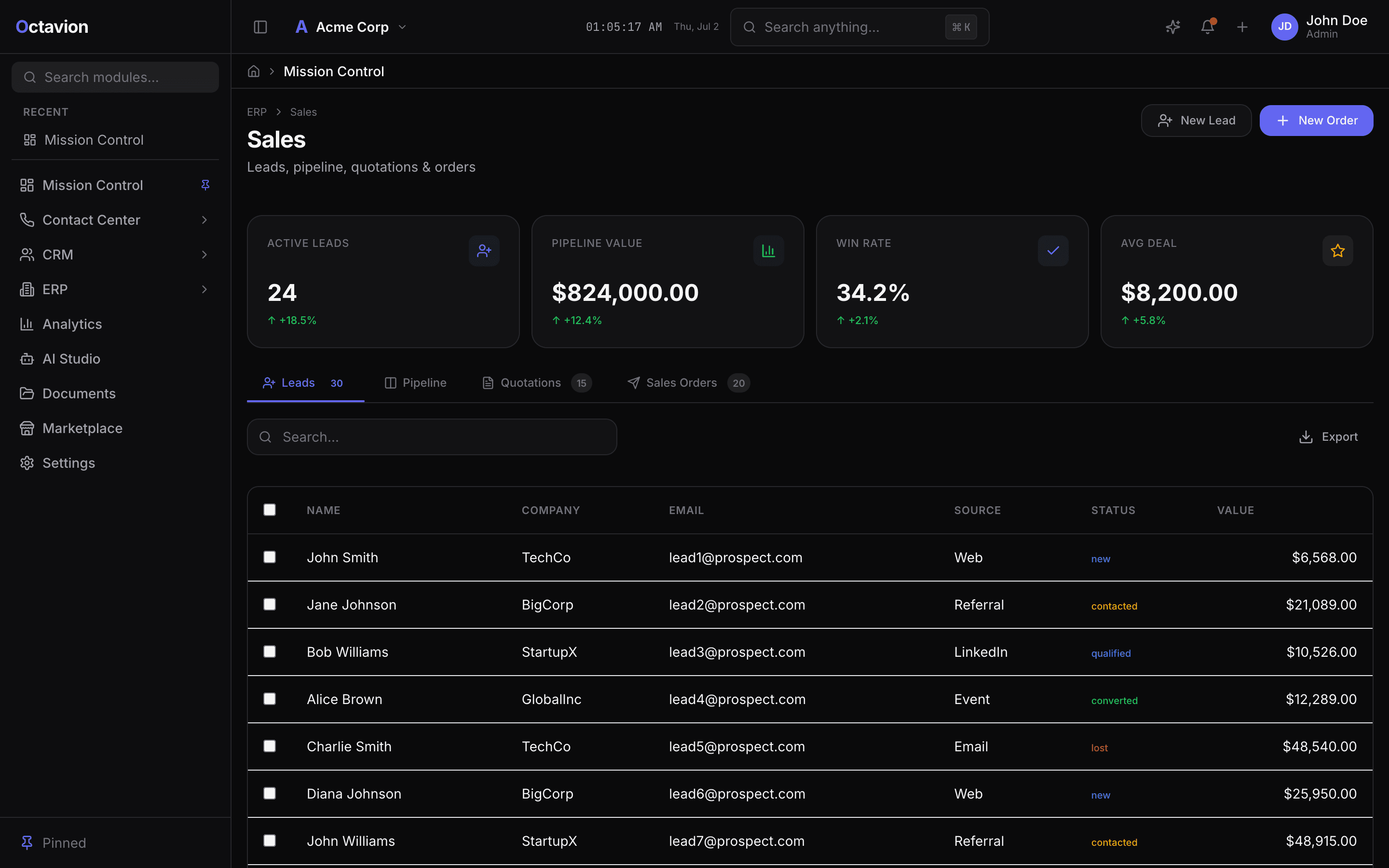 CRM & Sales — Octavion live platform